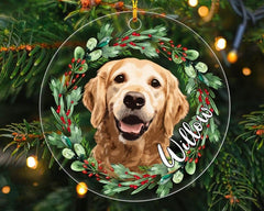 Custom Dog Portrait Photo Ornament, Personalized Dog Ornament With Photo & Name, Golden Retriever Ornament, Custom Dog Christmas Ornament