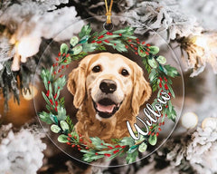 Custom Dog Portrait Photo Ornament, Personalized Dog Ornament With Photo & Name, Golden Retriever Ornament, Custom Dog Christmas Ornament