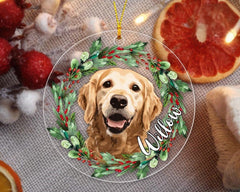 Custom Dog Portrait Photo Ornament, Personalized Dog Ornament With Photo & Name, Golden Retriever Ornament, Custom Dog Christmas Ornament