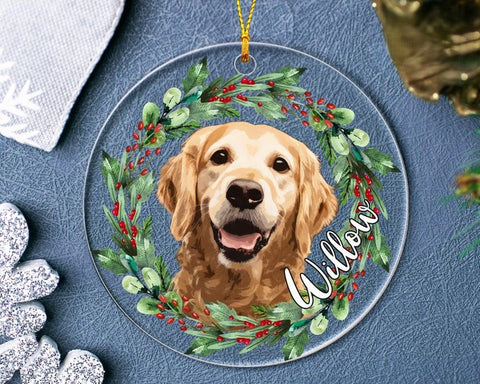 Custom Dog Portrait Photo Ornament, Personalized Dog Ornament With Photo & Name, Golden Retriever Ornament, Custom Dog Christmas Ornament