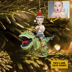 Cute Kid Rides The Dinosaur Kid Photo 2d Flat Ornaments, Christmas Gift, Custom Photo Ornament, Funny Ornament, Holiday Decors, Xmas Decors