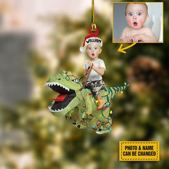 Cute Kid Rides The Dinosaur Kid Photo 2d Flat Ornaments, Christmas Gift, Custom Photo Ornament, Funny Ornament, Holiday Decors, Xmas Decors