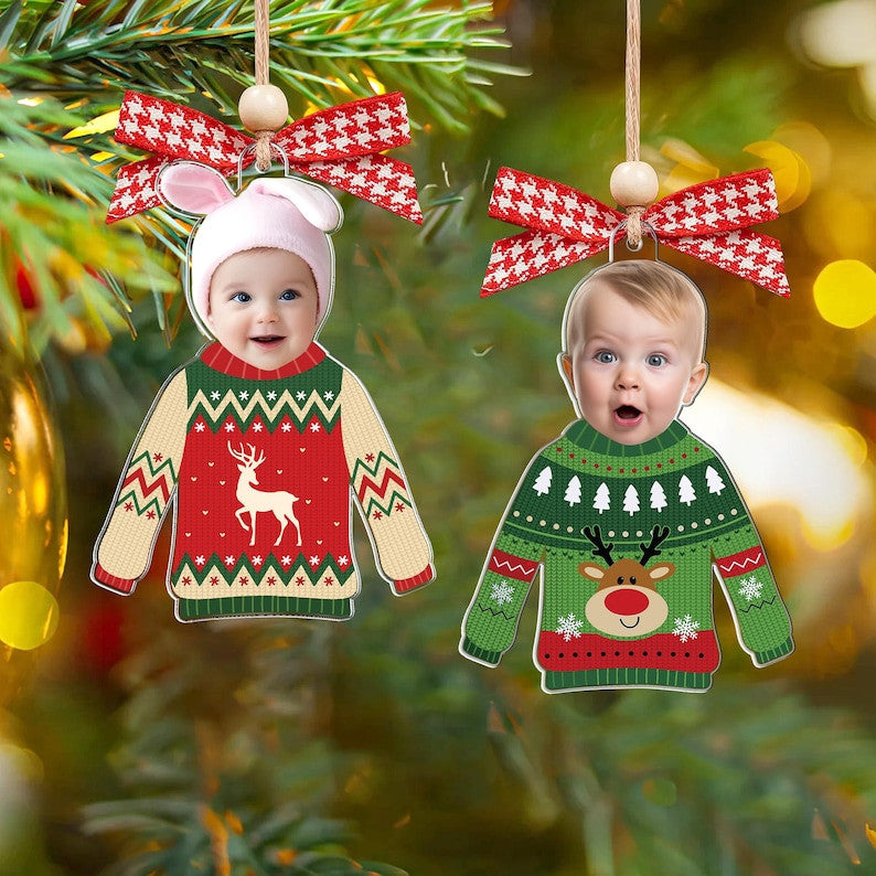 Custom Photo Funny Kid In Christmas Ugly Sweater, Personalized Kid's Face Christmas Ornament