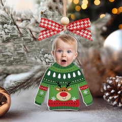 Custom Photo Funny Kid In Christmas Ugly Sweater, Personalized Kid's Face Christmas Ornament